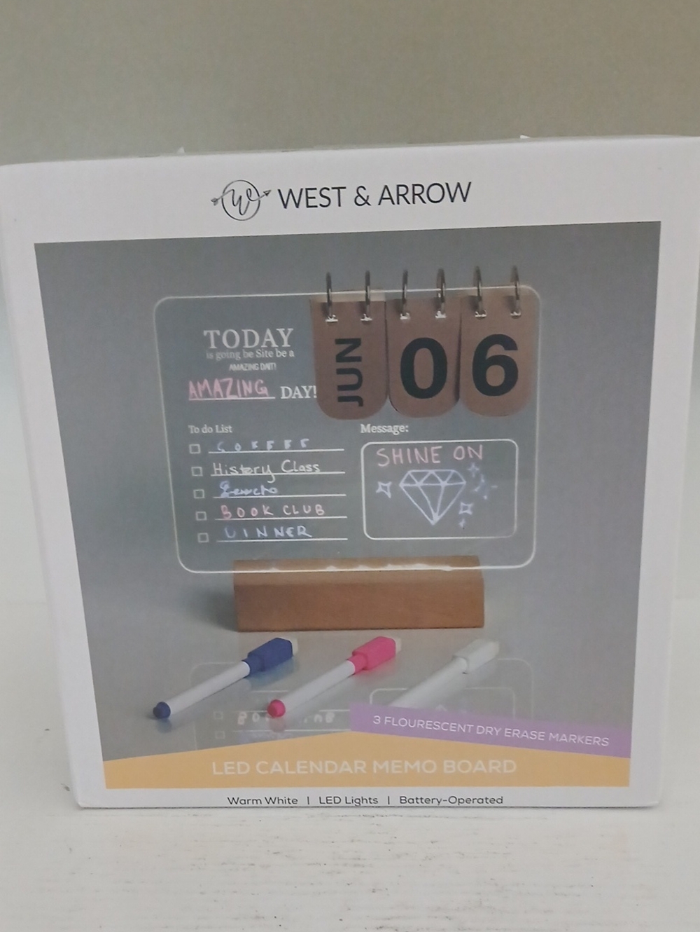 LED Calendar Memo Board - Clear Acrylic with Tan Stand